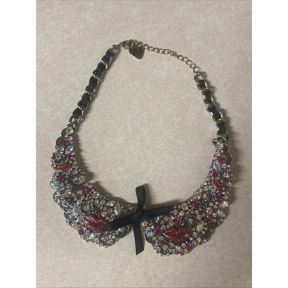 Betsey Johnson Pink, Black and Silver Jeweled Collar Necklace